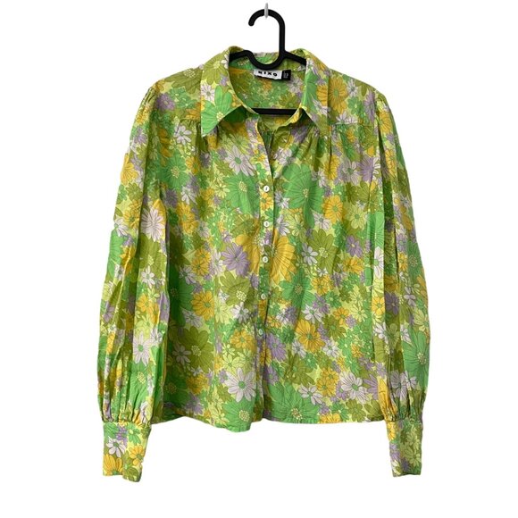 Rixo London Green Purple Yellow Floral Groovy Blake Long Sleeve Button Shirt 6 - Picture 1 of 6